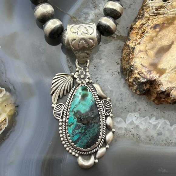 Sterling Southwestern Style Teardrop Turquoise Decorated Pendant For Women - Picture 1 of 10